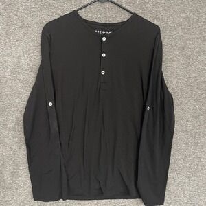 Mizzen Main Shirt Mens L Black Henley‎ Made in USA Long Sleeve Casual Roll Tab